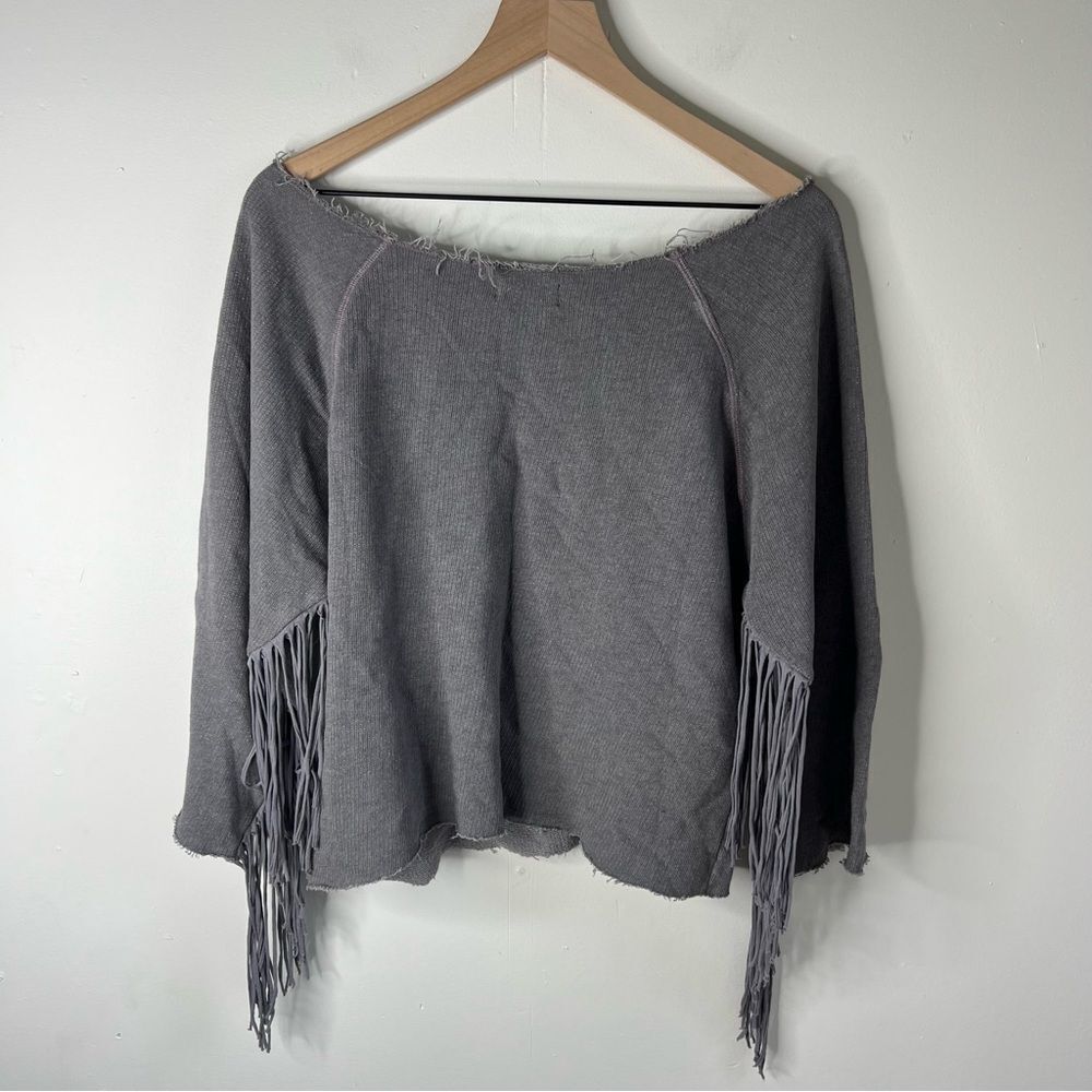 Hollywood Trading Company Gray Fringe Raw Hem Sweatshirt Large - Picture 7 of 12
